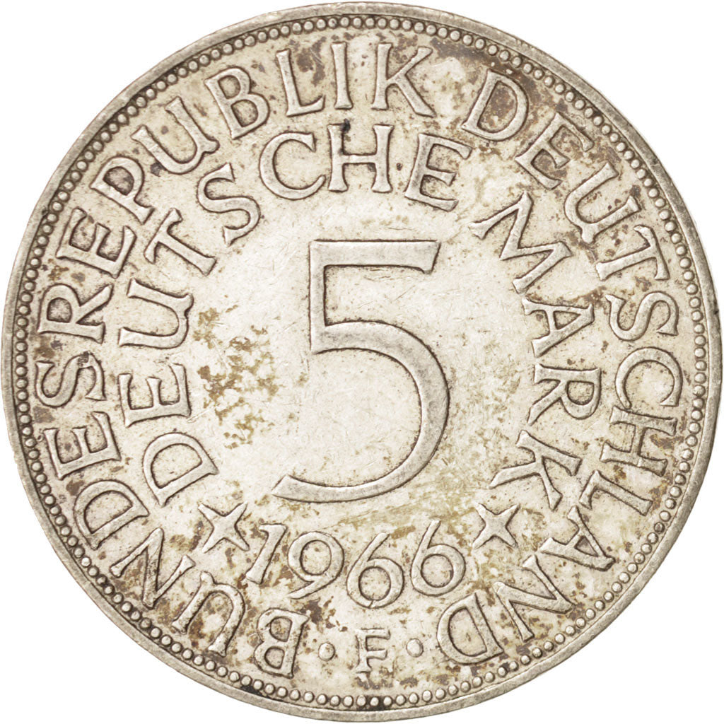 GERMANY - FEDERAL REPUBLIC, 5 Mark, 1966, Stuttgart, AU(50-53), Silver, KM:112.1