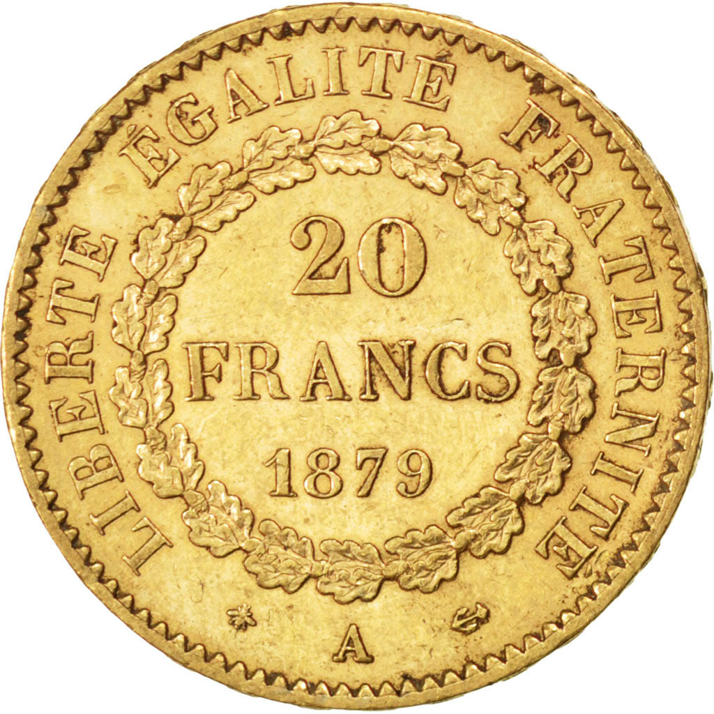 FRANCE, Génie, 20 Francs, 1879, Paris, KM #825, AU(50-53), Gold, Gadoury #1063, 