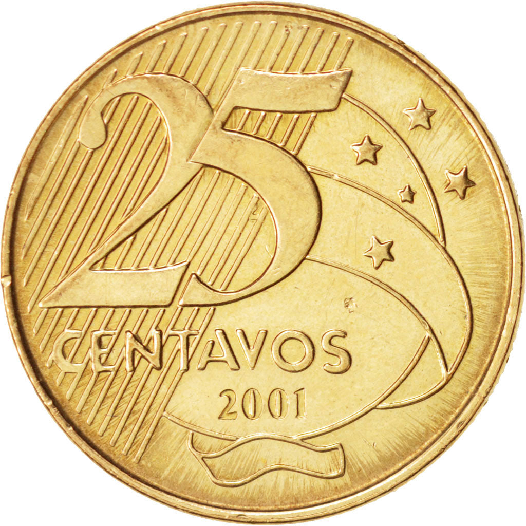 Brazil, 25 Centavos, 2001, MS(63), Bronze Plated Steel, KM:650