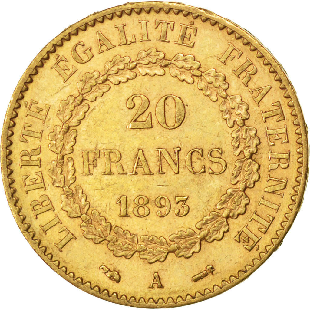 FRANCE, Génie, 20 Francs, 1893, Paris, KM #825, AU(50-53), Gold, Gadoury #1063, 