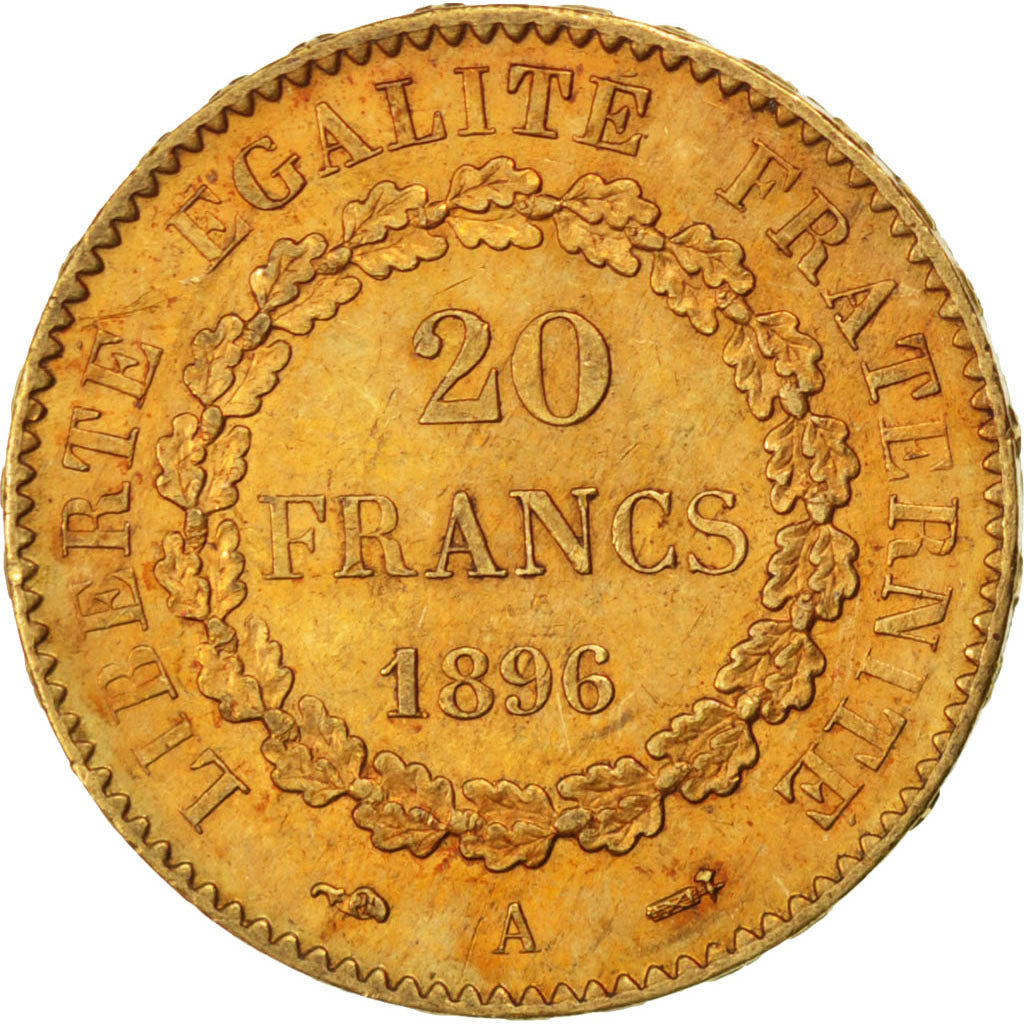 FRANCE, Génie, 20 Francs, 1896, Paris, KM #825, AU(55-58), Gold, Gadoury #1063,