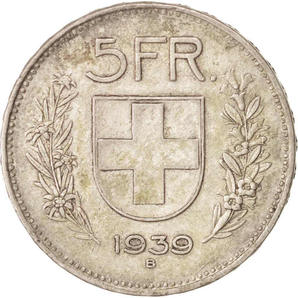 Coin, Switzerland, 5 Francs, 1939, Bern, AU(50-53), Silver, KM:40