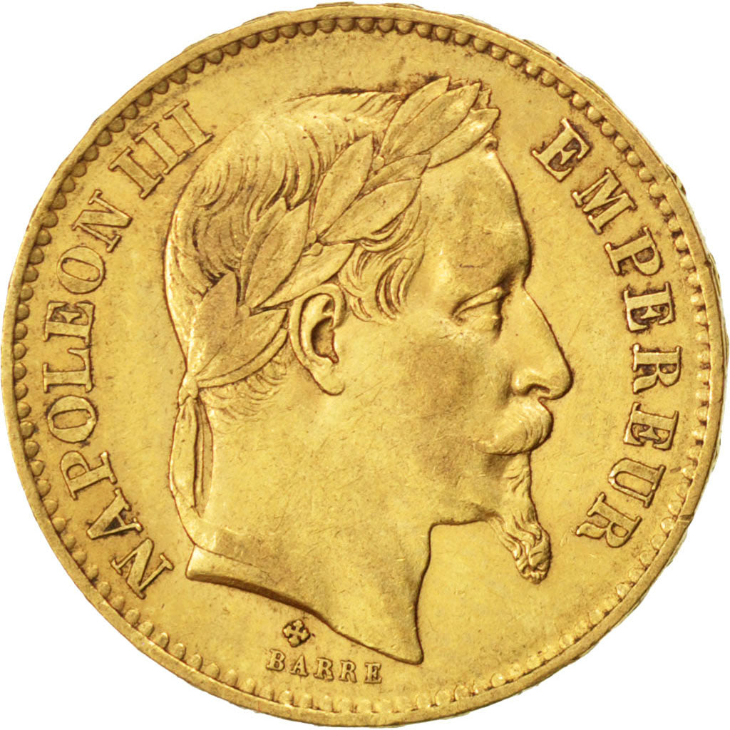 FRANCE, Napoléon III, 20 Francs, 1867, Strasbourg, KM #801.2, AU(50-53), Gold, G