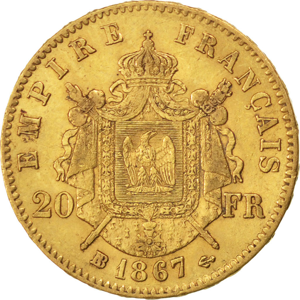 FRANCE, Napoléon III, 20 Francs, 1867, Strasbourg, KM #801.2, AU(50-53), Gold, G