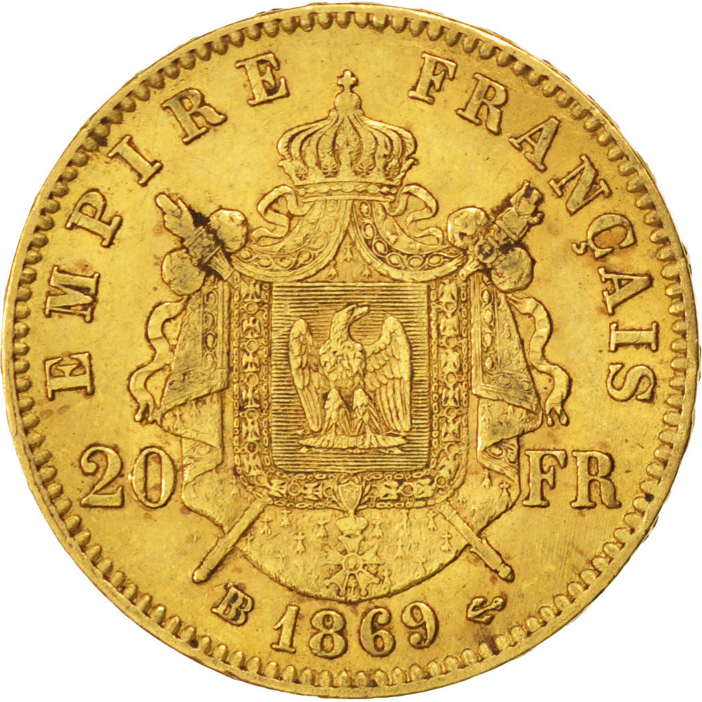 Second Empire, 20 francs or Napoléon III tête laurée 1869 Grand BB, KM 801.2