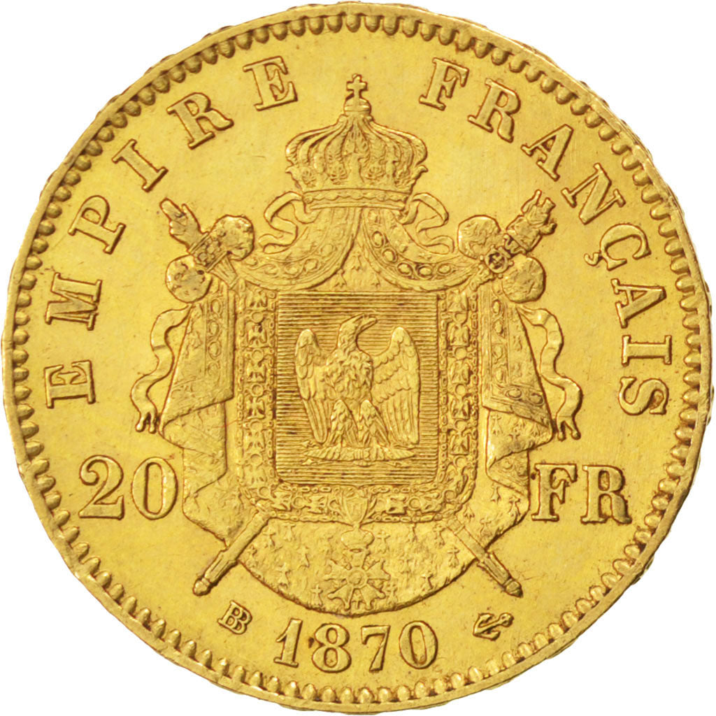 Second Empire, 20 francs or Napoléon III tête laurée 1870 BB, KM 801.2