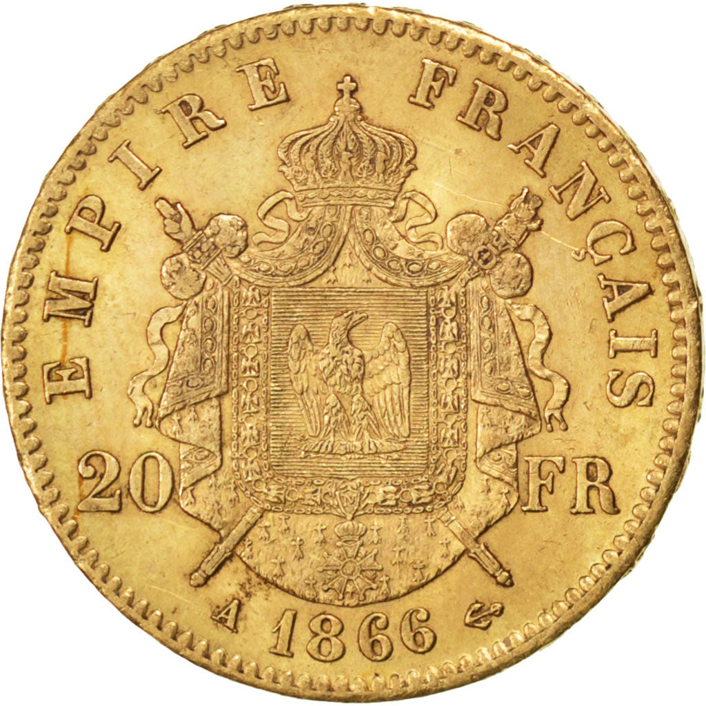 FRANCE, Napoléon III, 20 Francs, 1866, Paris, KM #801.1, AU(50-53), Gold, Gadour