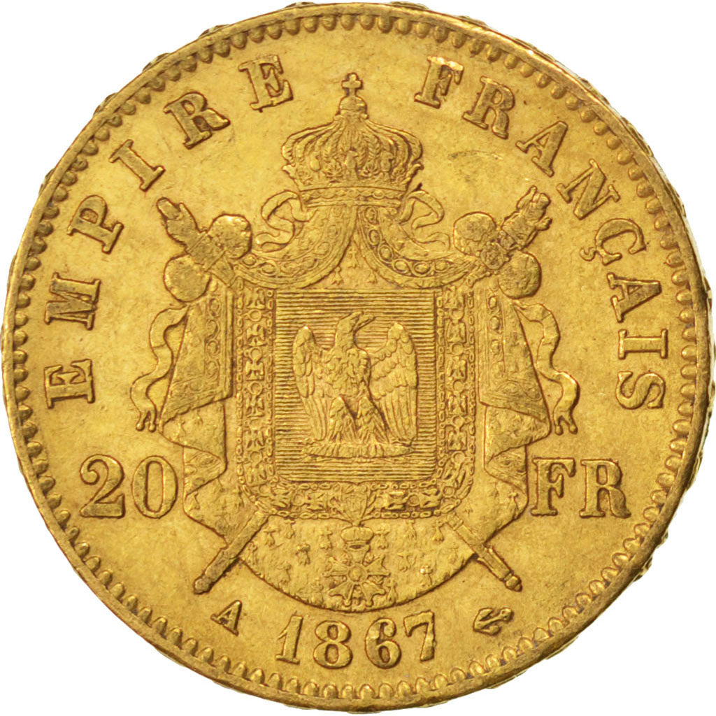 Second Empire, 20 francs or Napoléon III tête laurée 1867 A, KM 801.1