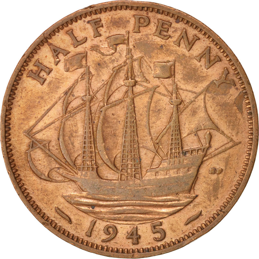 Coin, Great Britain, George VI, 1/2 Penny, 1945, AU(50-53), Bronze, KM:844