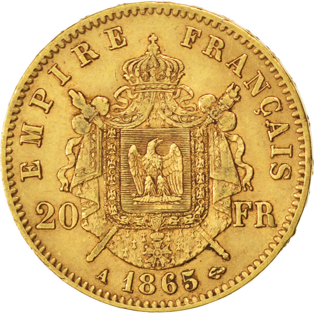 FRANCE, Napoléon III, 20 Francs, 1865, Paris, KM #801.1, EF(40-45), Gold, Gadour