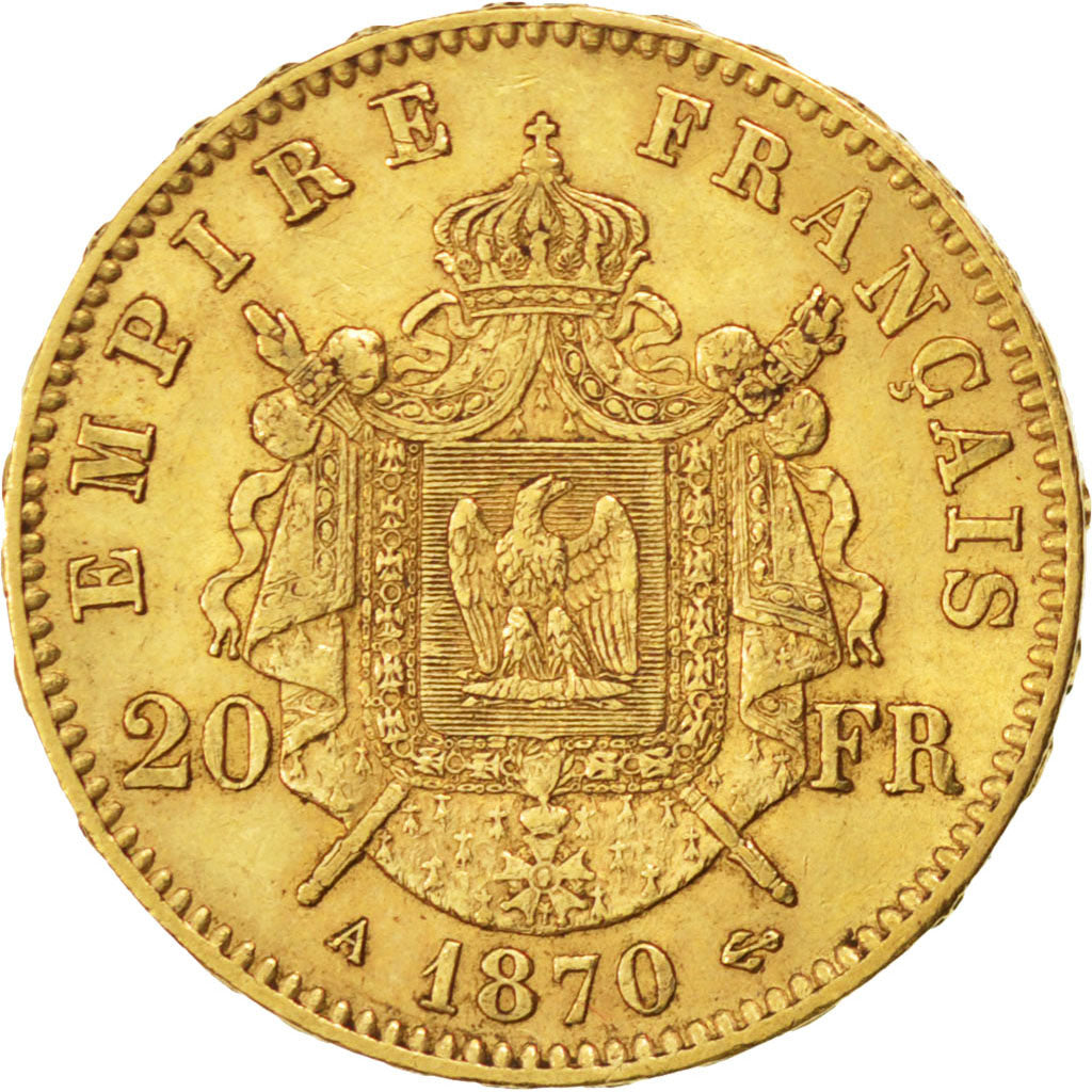 Second Empire, 20 francs or Napoléon III tête laurée 1870 A, KM 801.1