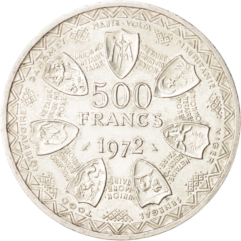 West African States, 500 Francs, 1972, AU(55-58), Silver, KM:7