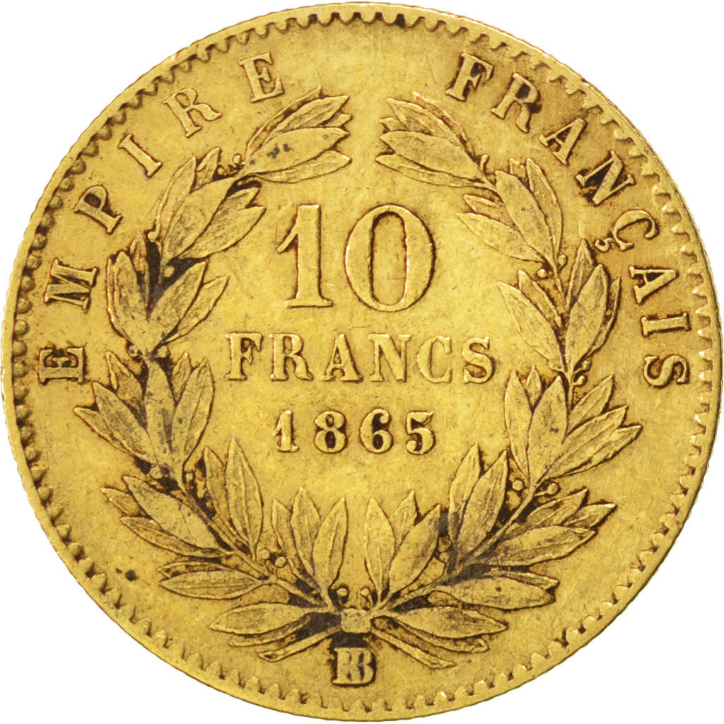 FRANCE, Napoléon III, 10 Francs, 1865, Strasbourg, KM #800.2, VF(30-35), Gold, G