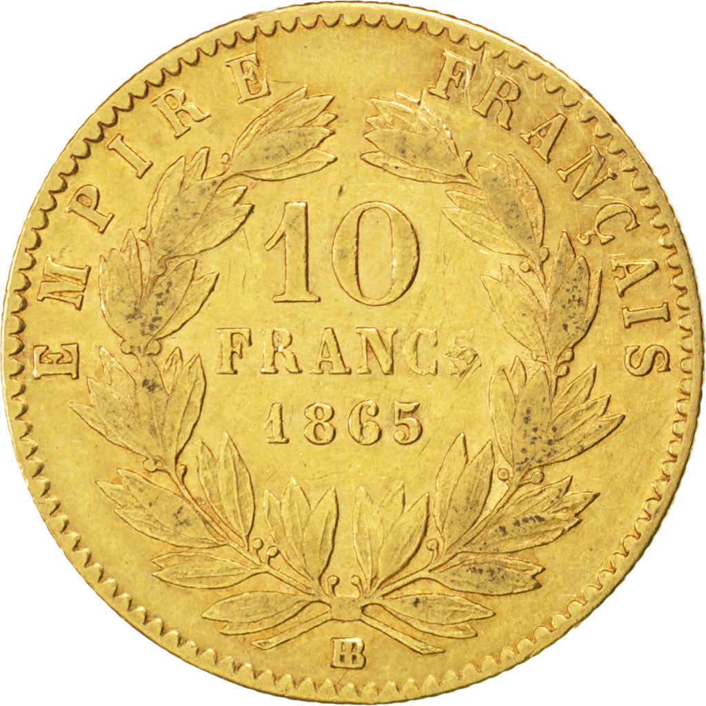 FRANCE, Napoléon III, 10 Francs, 1865, Strasbourg, KM #800.2, AU(50-53), Gold, G