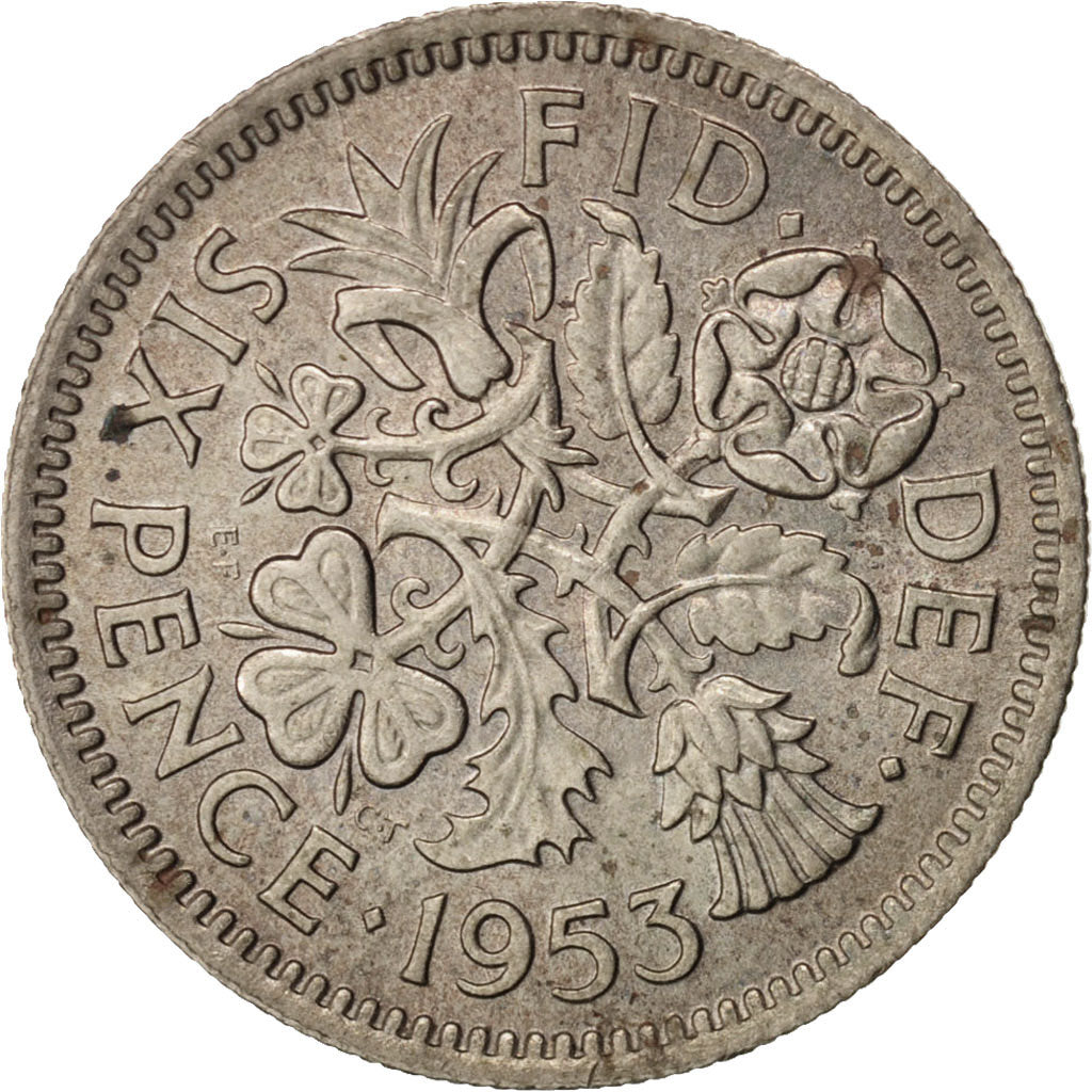 Coin, Great Britain, Elizabeth II, 6 Pence, 1953, AU(55-58), Copper-nickel