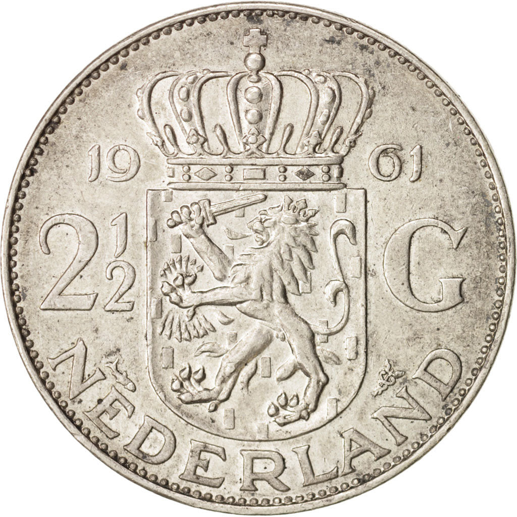 Coin, Netherlands, Juliana, 2-1/2 Gulden, 1961, AU(50-53), Silver, KM:185