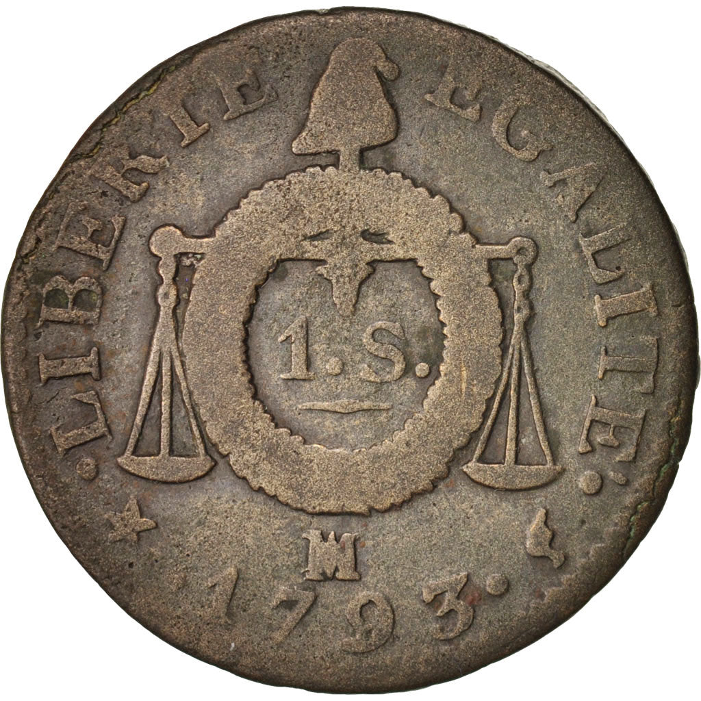 Moneda, Francia, Sol aux balances françoise, Sol, 1793, Marseille, BC+, Bronce