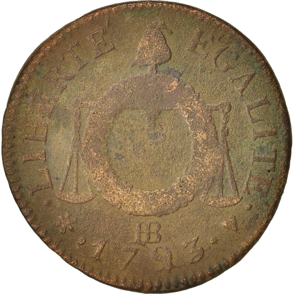 Moneda, Francia, Sol aux balances françoise, Sol, 1793, Strasbourg, BC, Bronce