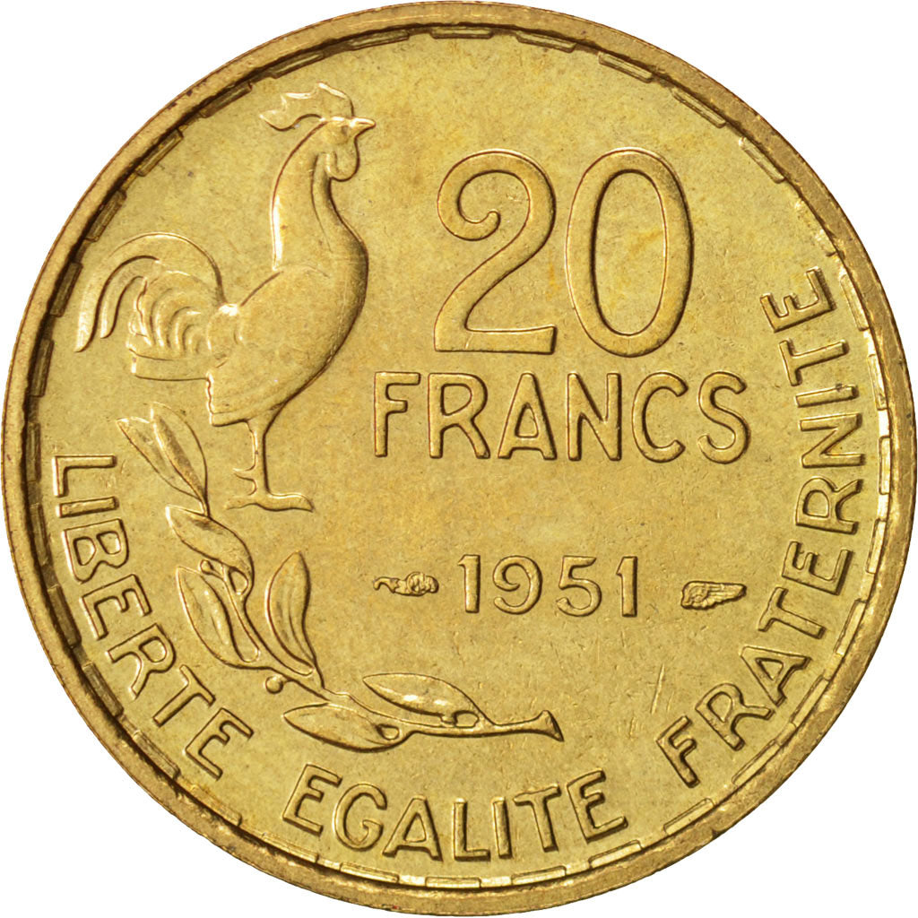 Coin, France, Guiraud, 20 Francs, 1951, Paris, AU(50-53), Aluminum-Bronze
