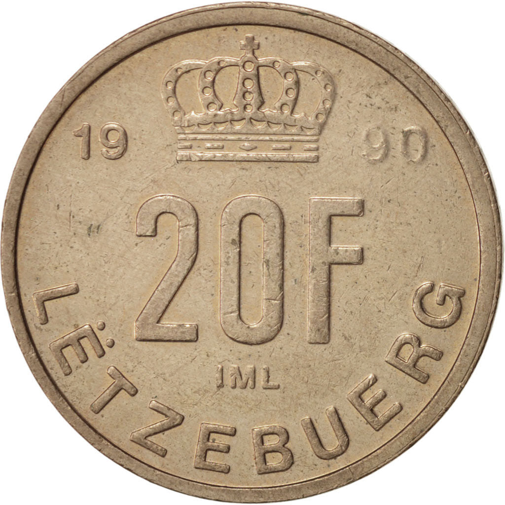 Lussemburgo, Jean, 20 Francs, 1990, BB+, Alluminio-bronzo, KM:67