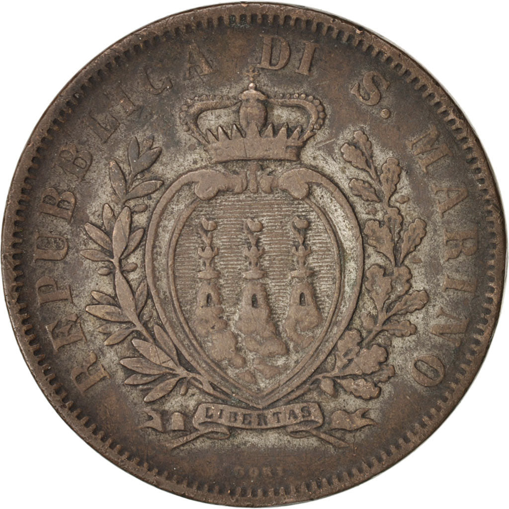 Moneda, San Marino, 10 Centesimi, 1875, BC+, Cobre, KM:2