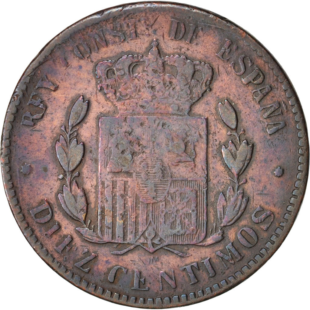 Moneta, Spagna, Alfonso XII, 10 Centimos, 1879, B+, Bronzo, KM:675