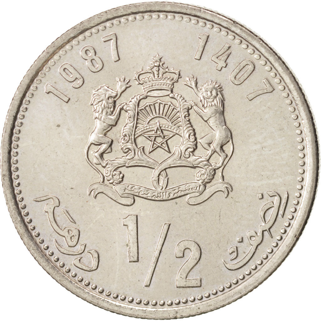 Coin, Morocco, al-Hassan II, 1/2 Dirham, 1987, AU(55-58), Copper-nickel, KM:87