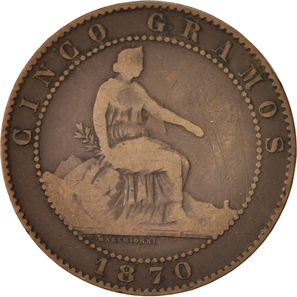 Coin, Spain, Provisional Government, 5 Centimos, 1870, VF(20-25), Copper, KM:662