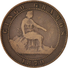Moneda, España, Provisional Government, 5 Centimos, 1870, BC+, Cobre, KM:662