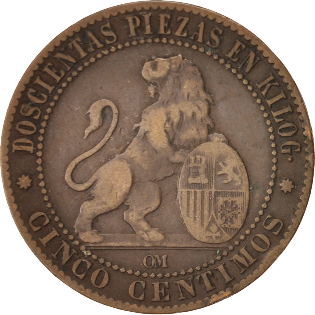 Coin, Spain, Provisional Government, 5 Centimos, 1870, VF(20-25), Copper, KM:662