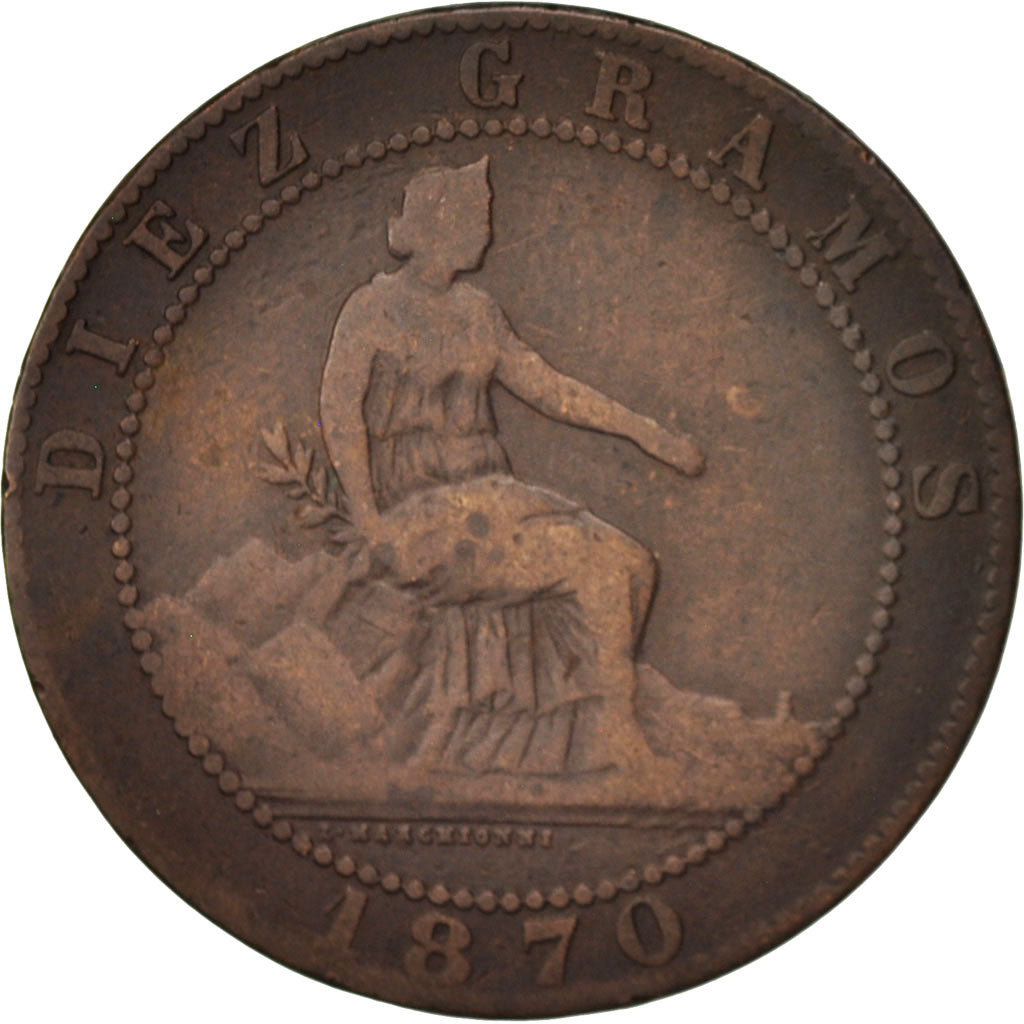 Coin, Spain, Provisional Government, 10 Centimos, 1870, VF(20-25), Copper