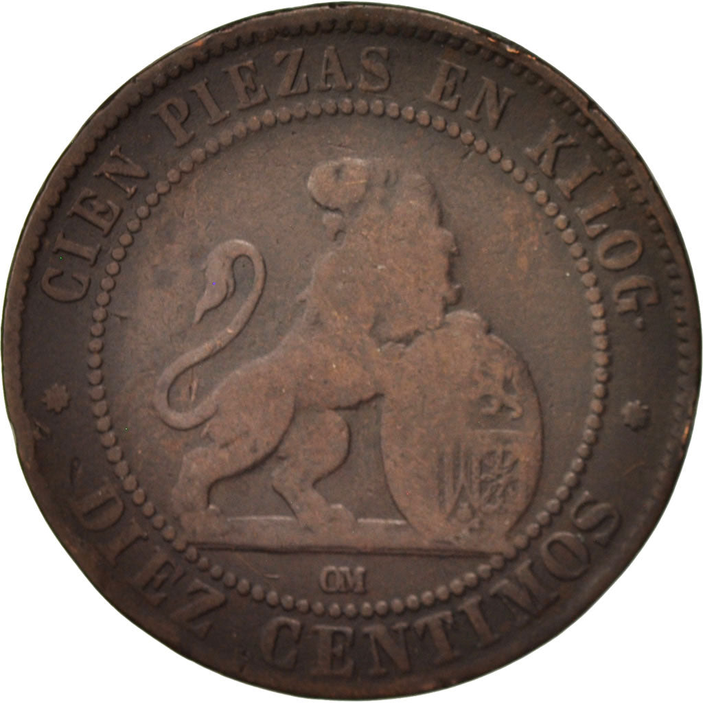 Coin, Spain, Provisional Government, 10 Centimos, 1870, VF(20-25), Copper