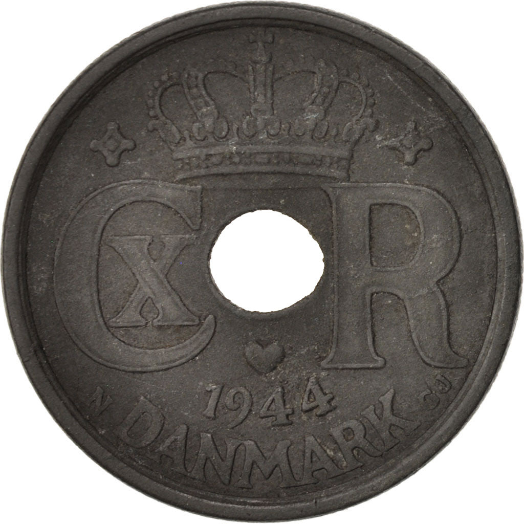 Moneta, Danimarca, Christian X, 25 Öre, 1944, Copenhagen, BB, Zinco, KM:823.2a