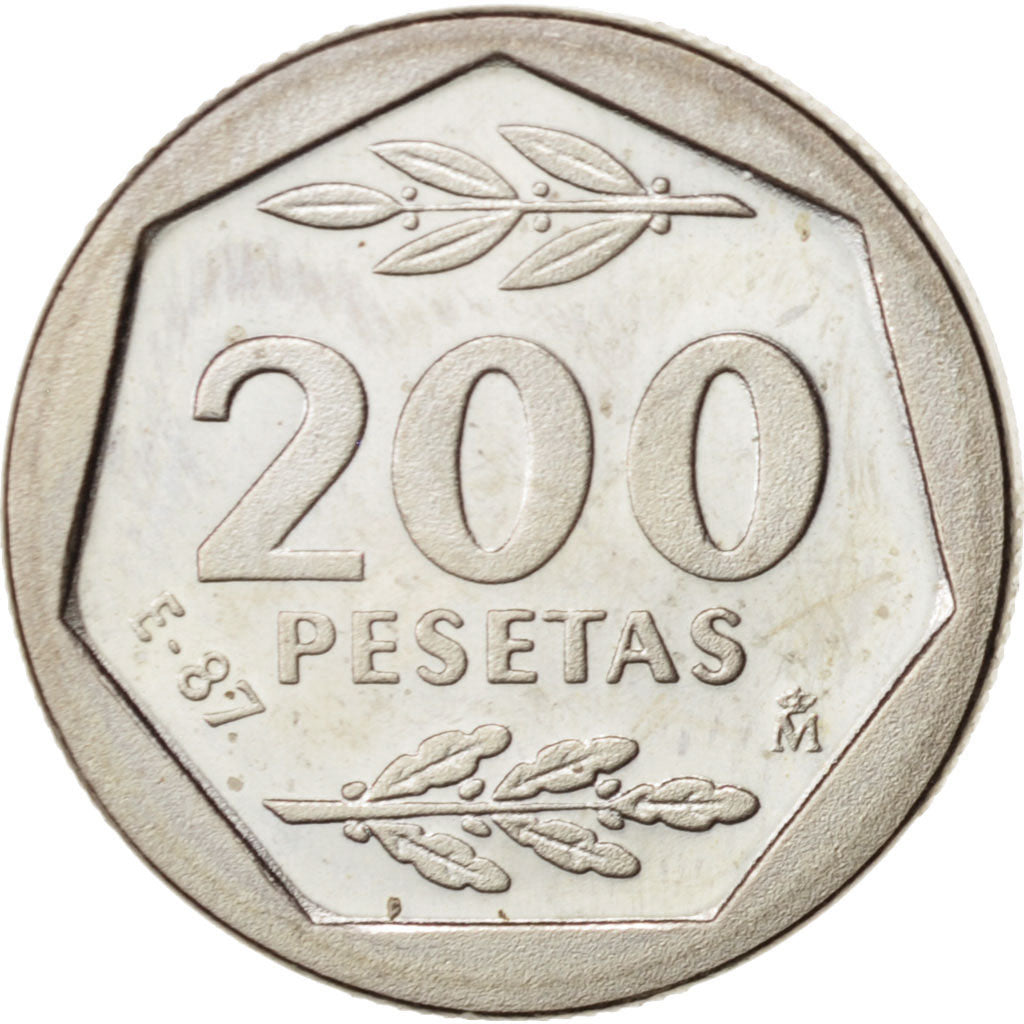Spain, Juan Carlos I, 200 Pesetas, 1987, MS(65-70), Copper-nickel, KM:829