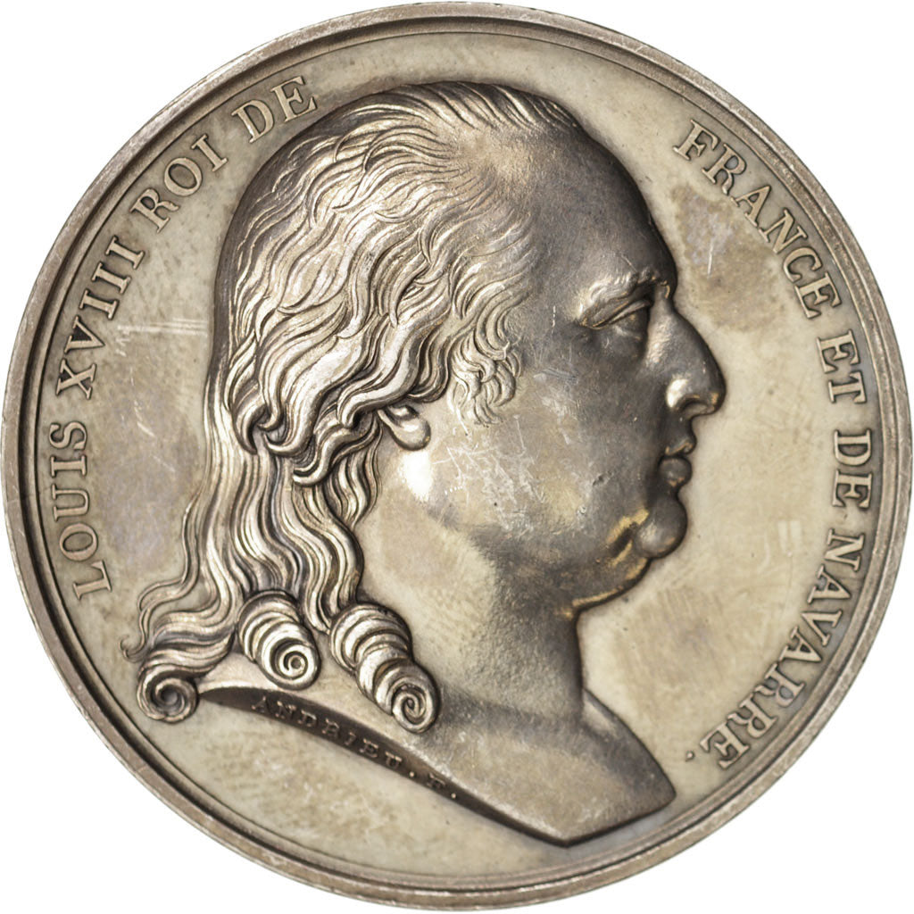 France, Medal, Louis XVIII, Entrée à Paris, History, 1814, Andrieu, AU(55-58)