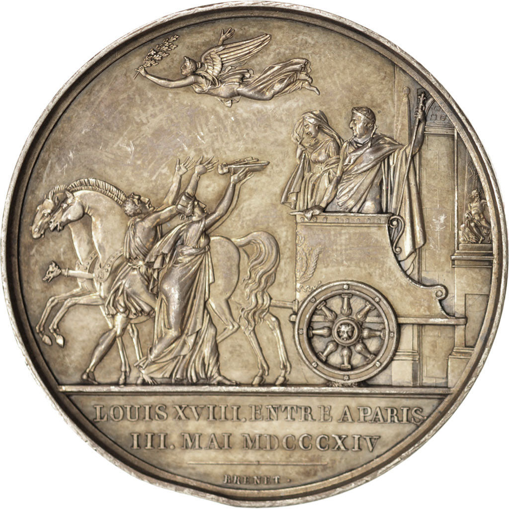 France, Medal, Louis XVIII, Entrée à Paris, History, 1814, Andrieu, AU(55-58)