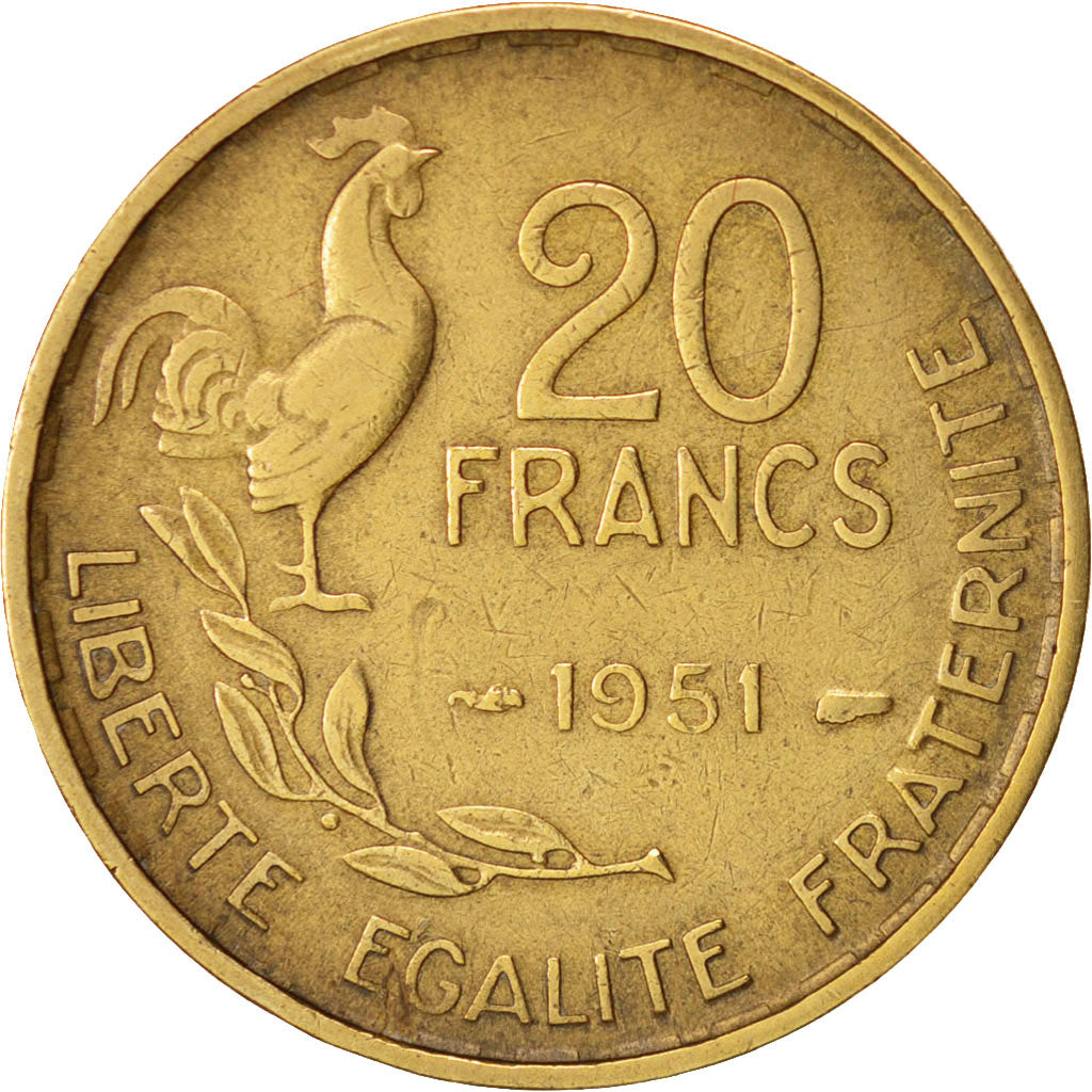 Munten, Frankrijk, Guiraud, 20 Francs, 1951, Paris, ZF+, Aluminum-Bronze