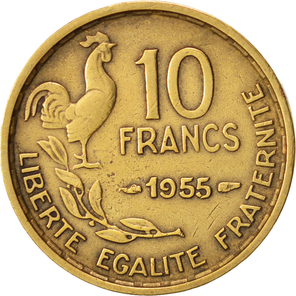 Moneda, Francia, Guiraud, 10 Francs, 1955, Paris, MBC, Aluminio - bronce