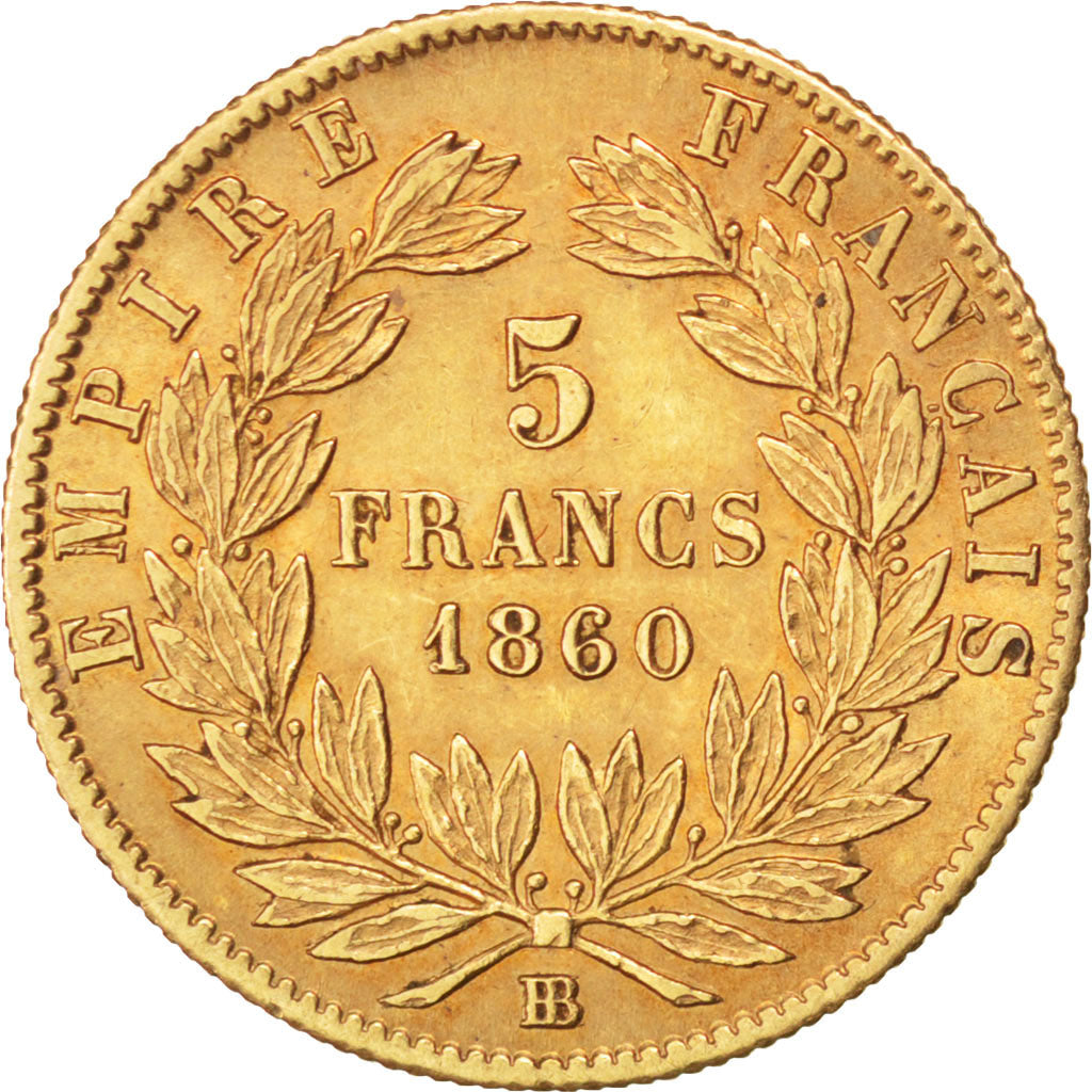 FRANCE, Napoléon III, 5 Francs, 1860, Strasbourg, KM #787.2, MS(63), Gold, G...