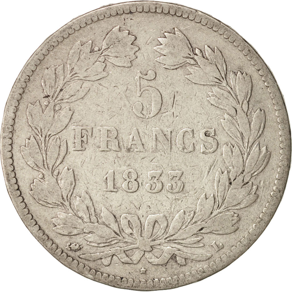 Coin, France, Louis-Philippe, 5 Francs, 1833, Bayonne, F(12-15), Silver