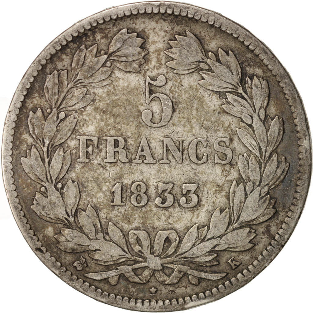 Münze, Frankreich, Louis-Philippe, 5 Francs, 1833, Bordeaux, S+, Silber