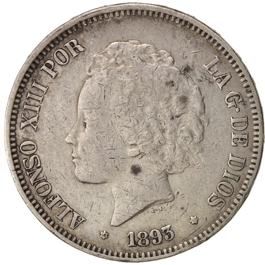 Spain, Alfonso XIII, 5 Pesetas, 1893, Madrid, EF(40-45), Silver, KM:700