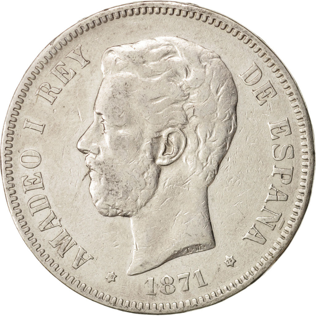 Münze, Spanien, Amadeao I, 5 Pesetas, 1871, Madrid, S+, Silber, KM:666