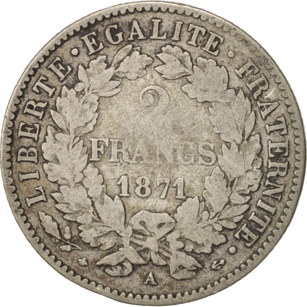 France, Cérès, 2 Francs, 1871, Paris, TB, Argent, KM:817.1, Gadoury:530