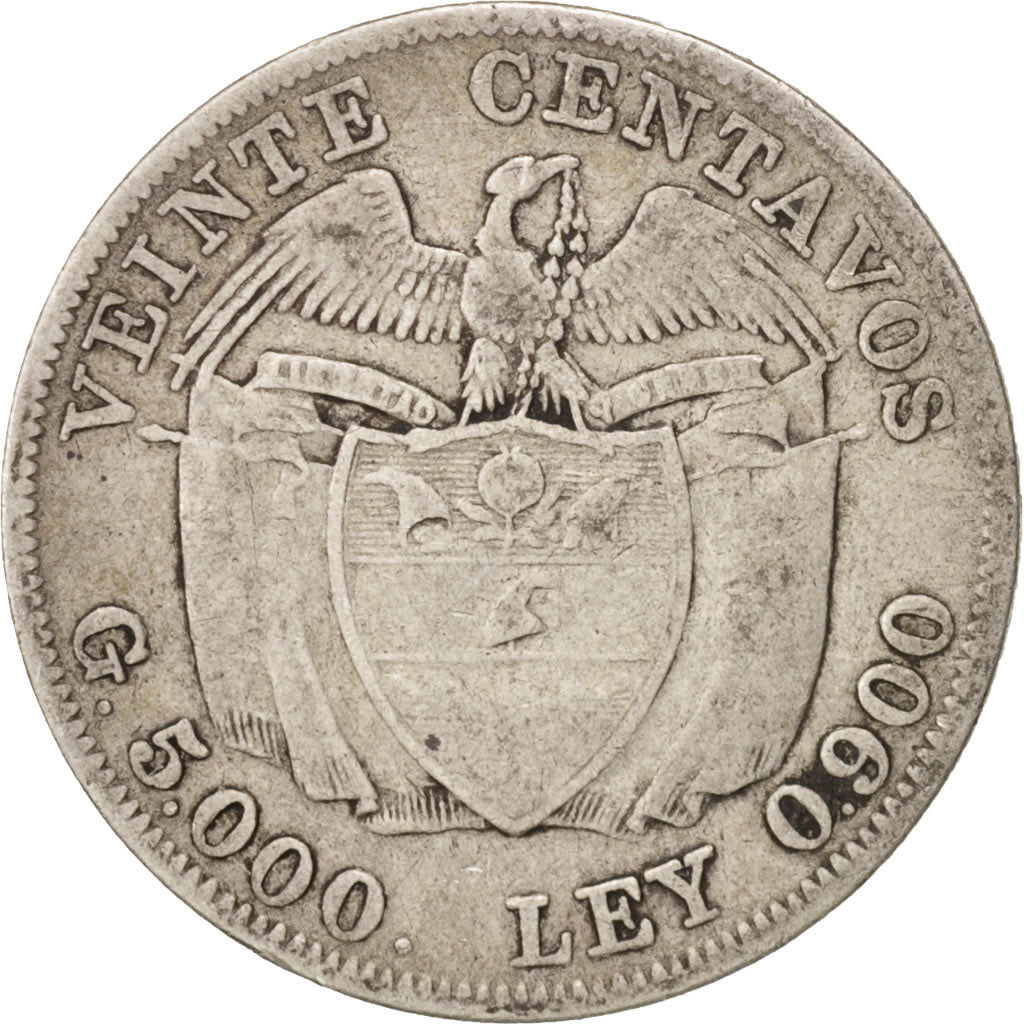 Colombia, 20 Centavos, 1913, MB, Argento, KM:197