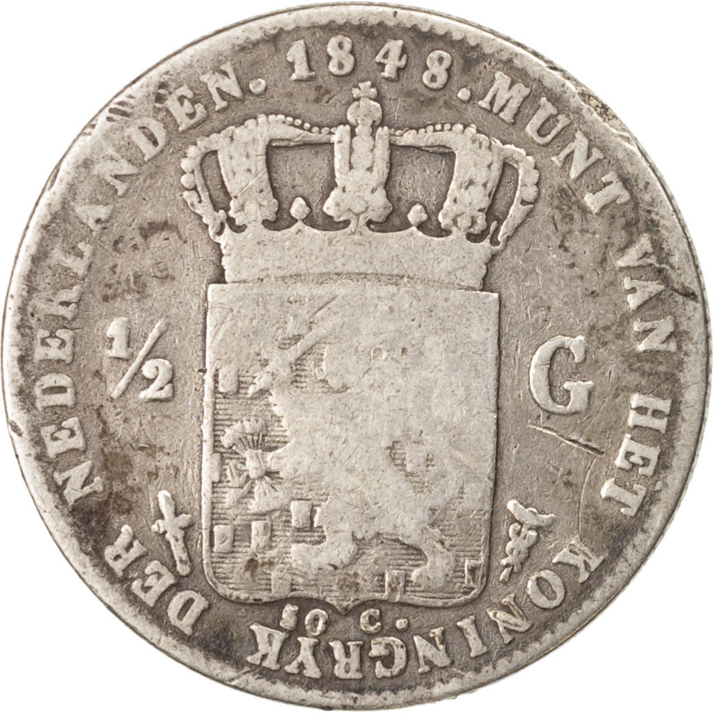 Moneta, Holandia, William II, 1/2 Gulden, 1848, VF(20-25), Srebro, KM:73.1