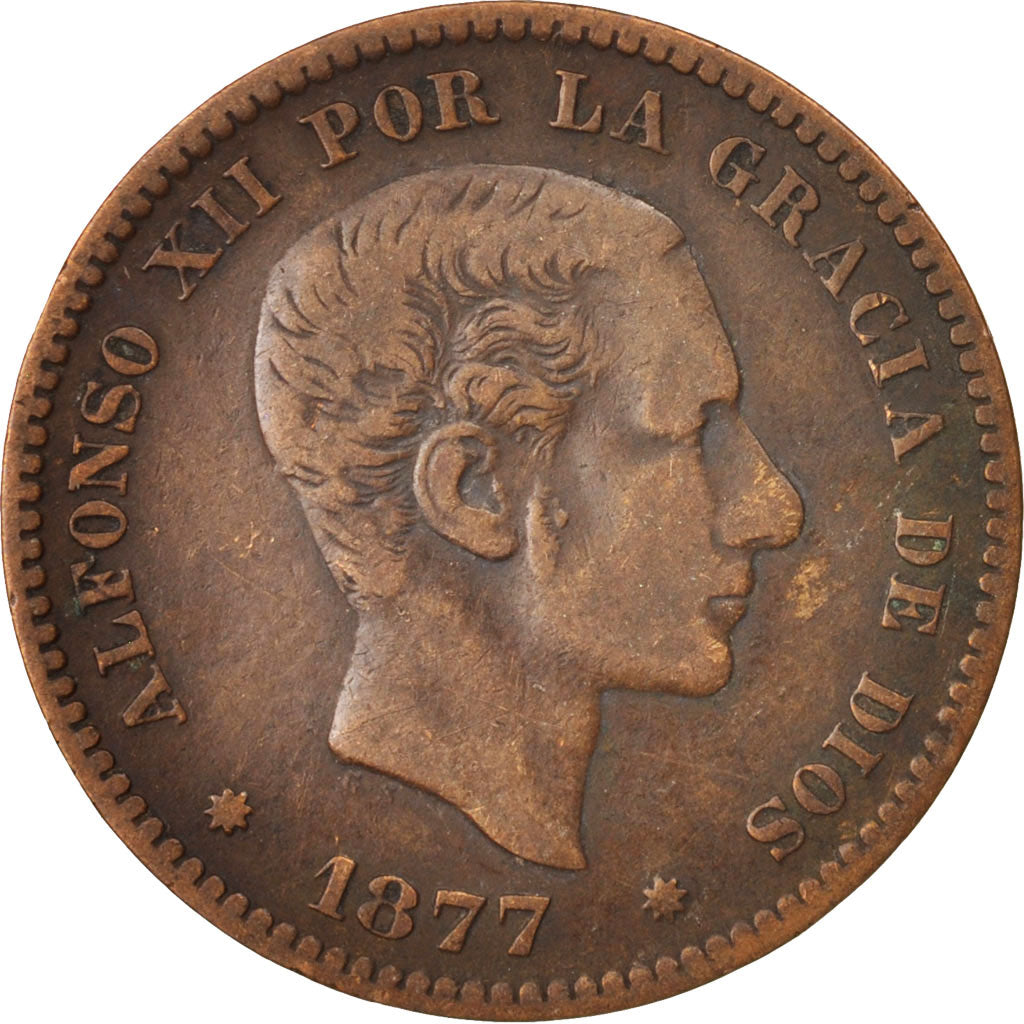 Moneda, España, Alfonso XII, 5 Centimos, 1877, Madrid, MBC, Bronce, KM:674