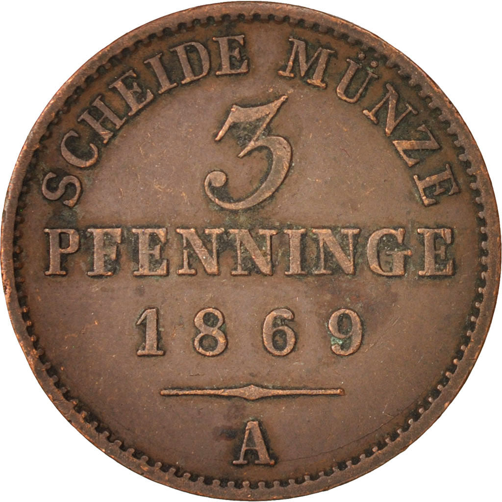 Coin, German States, PRUSSIA, Wilhelm I, 3 Pfennig, 1869, EF(40-45), Copper