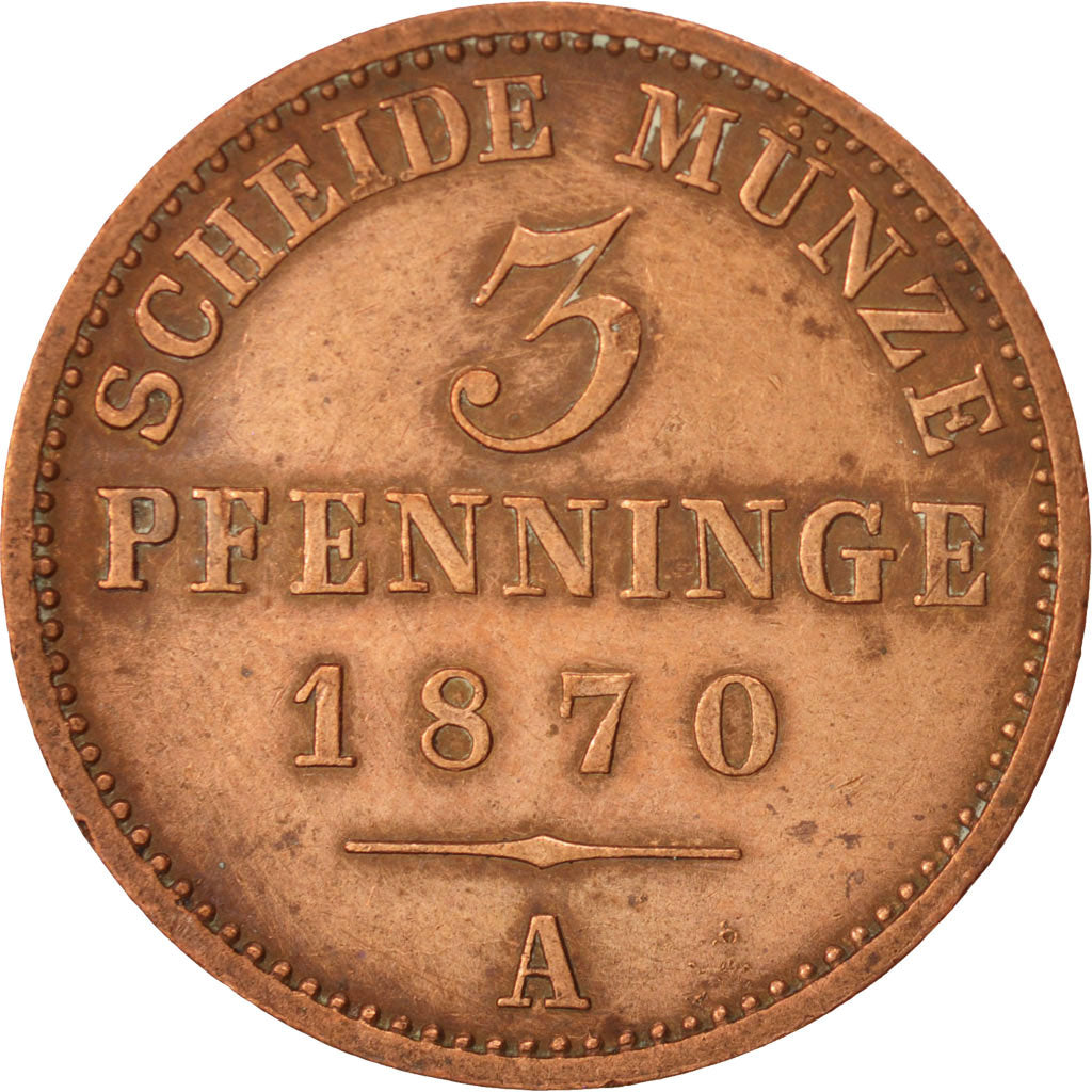 Münze, Deutsch Staaten, PRUSSIA, Wilhelm I, 3 Pfennig, 1870, SS+, Kupfer