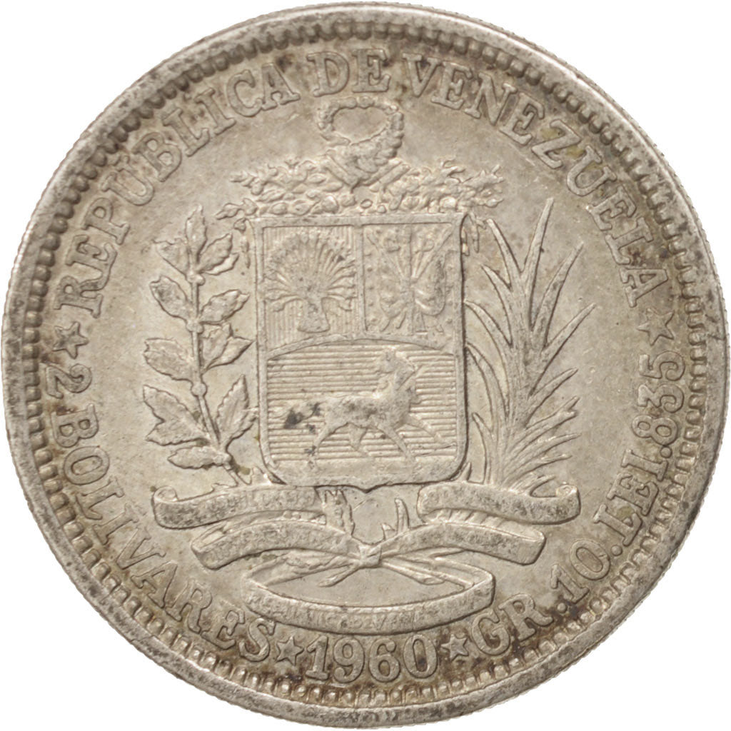 Venezuela, 2 Bolivares, 1960, EF(40-45), Silver, KM:A37